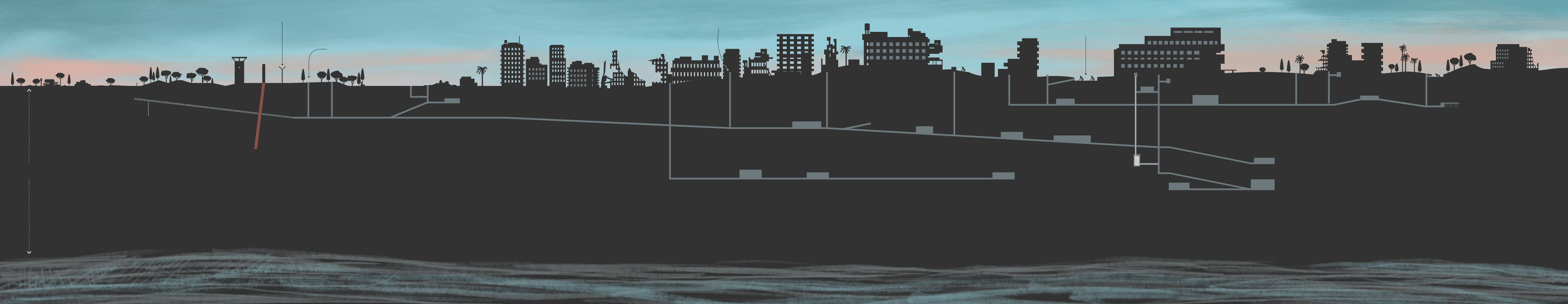 A horizontal illustration of the tunnel and room network under Israel and Gaza.