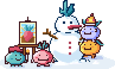 An illustration in the style of pixel art of two radishes around a painting of a giant strawberry and two other radishes stacked on top of each other next to a snowman.
