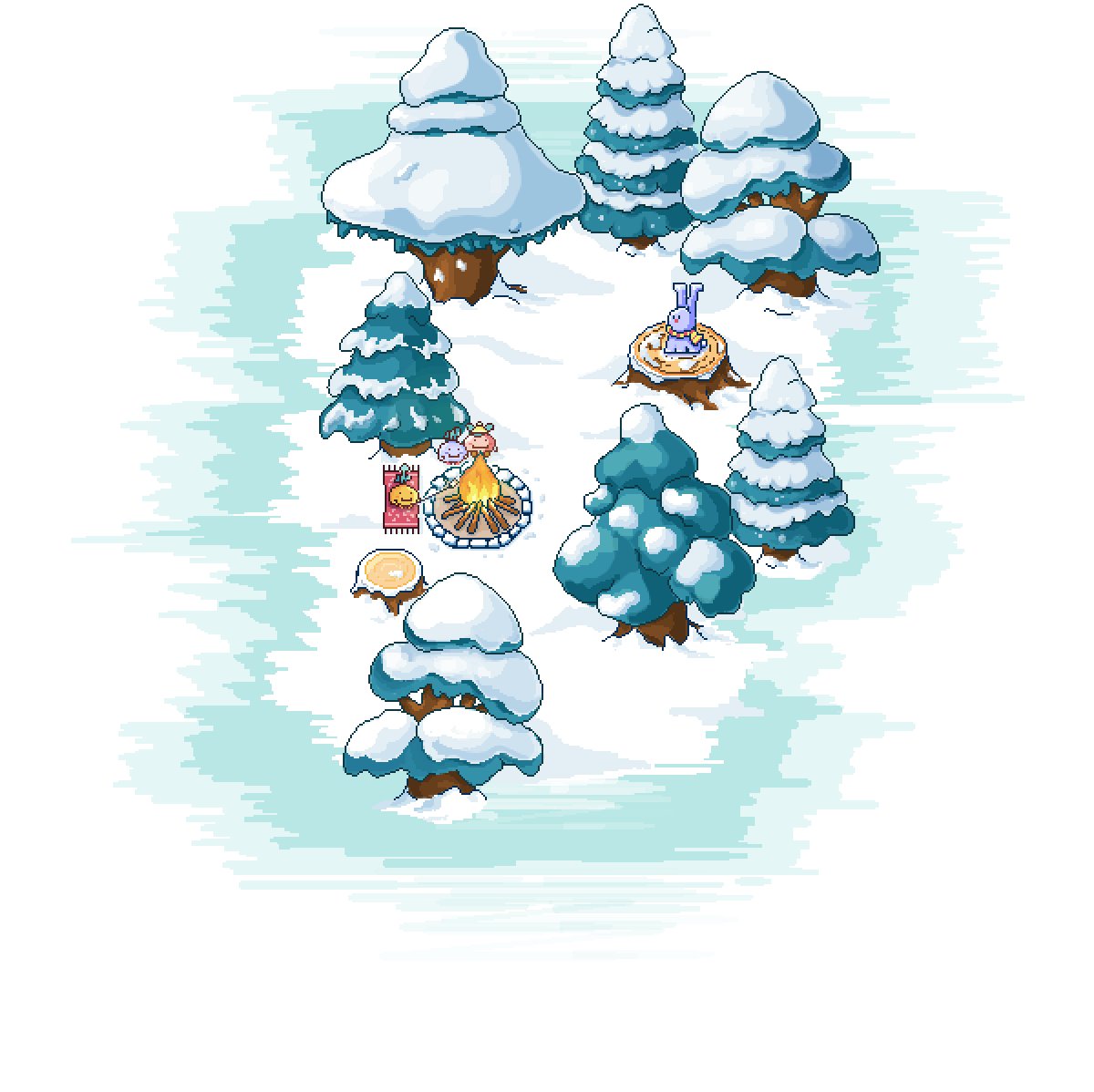 Illustration in the style of pixel art of a wood with some green trees partially covered in snow. Snow is also covering the ground and small footsteps can be seen along a winding path through the wood. A small purple bunny sits on top of a tree trunk and 3 radishes sit around a campfire. At the end of the wood there is a bear which is asking for you to sing it a song to put it to sleep.
