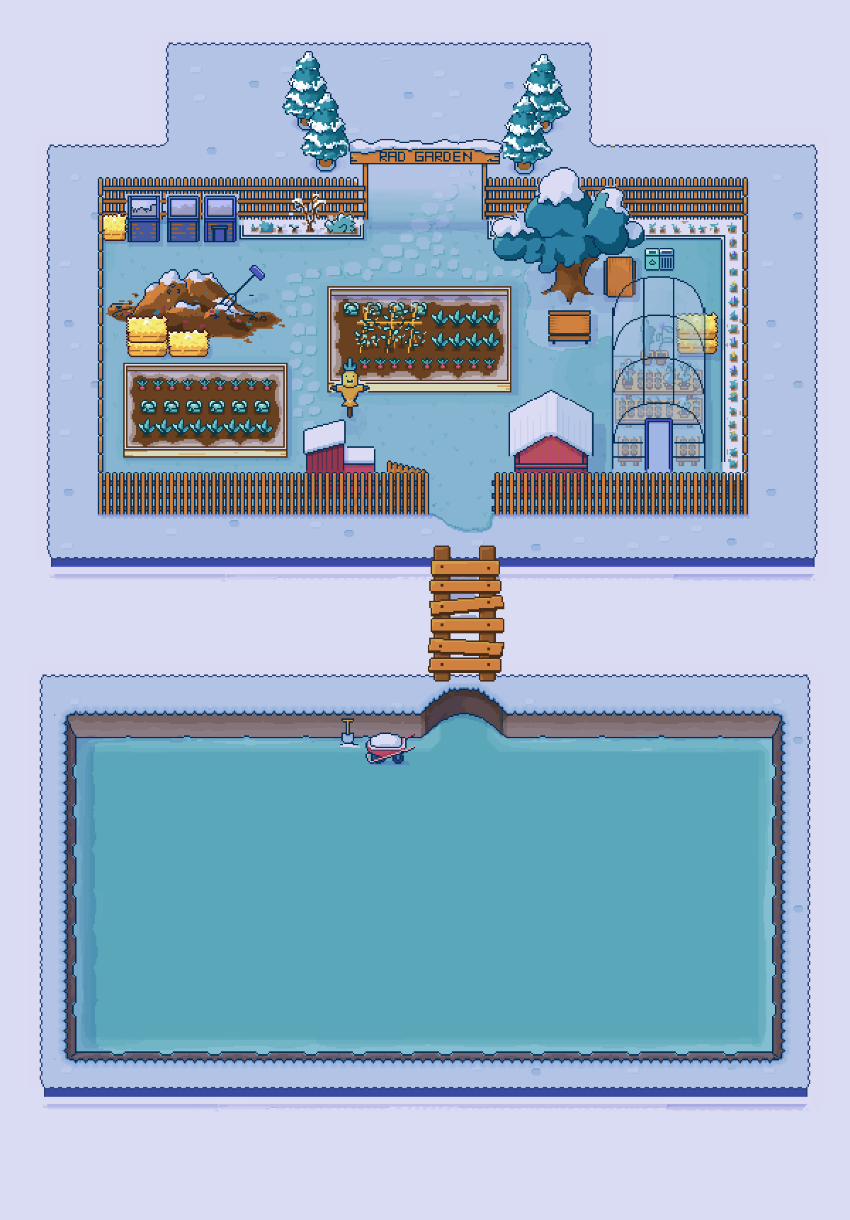 Illustration in the style of pixel art of a garden that has a sign saying ‘Rad Garden’ at its entrance. The garden includes a greenhouse, trees, and small plots of plants. A small bridge connects the main garden to another plot with 6 spots where the radish can plant the seeds collected from the farmer radish who waits at the bridge.