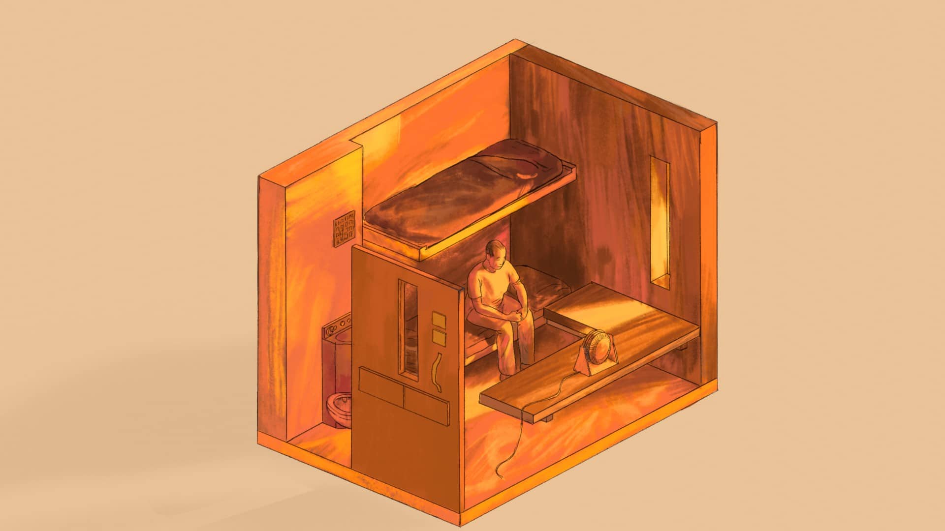 A 3D digital reconstruction of Peart’s prison cell, measuring roughly 70 square feet and shared with another inmate. The camera moves through the confined space, revealing the concrete walls, a small fan used to combat the oppressive heat, and a vent intended to circulate cool air into the room. The scene concludes by transitioning to a bird’s-eye view of the expansive Corcoran State Prison complex, placing Peart’s cell within the broader context of the facility.