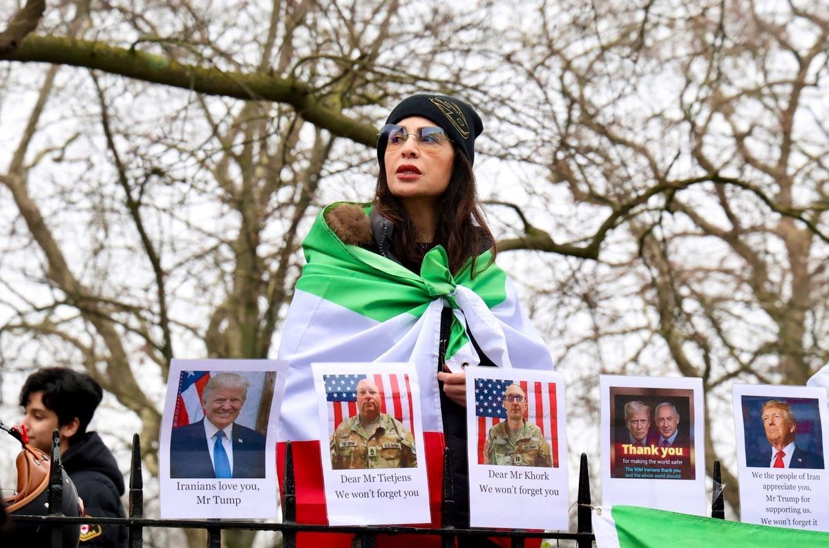 A demonstrator attends a protest against the Iranian government held by supporters of the Iranian royal family in exile, who marched through central London past the Iranian embassy to the Israeli embassy, in London, Britain, March 8, 2026.